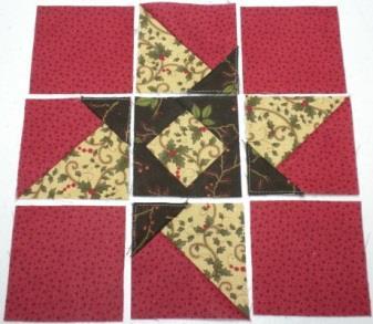 Sew bottom row together. Press seams toward outside squares. Sew top row to middle row. Press seam towards top row.