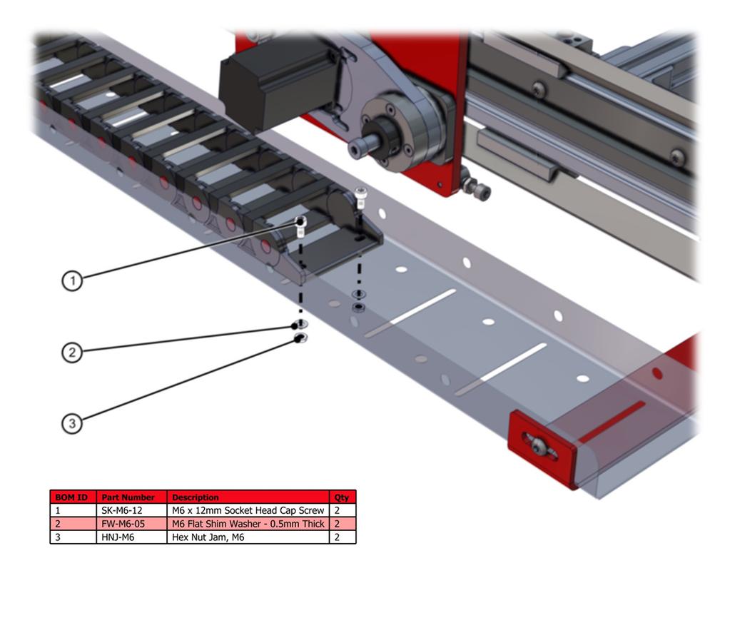 4.2 ATTACH X TRACK TO CABLE TRAY The cable track on the side of the machine should be fastened to the trays using the provided M6 hardware.