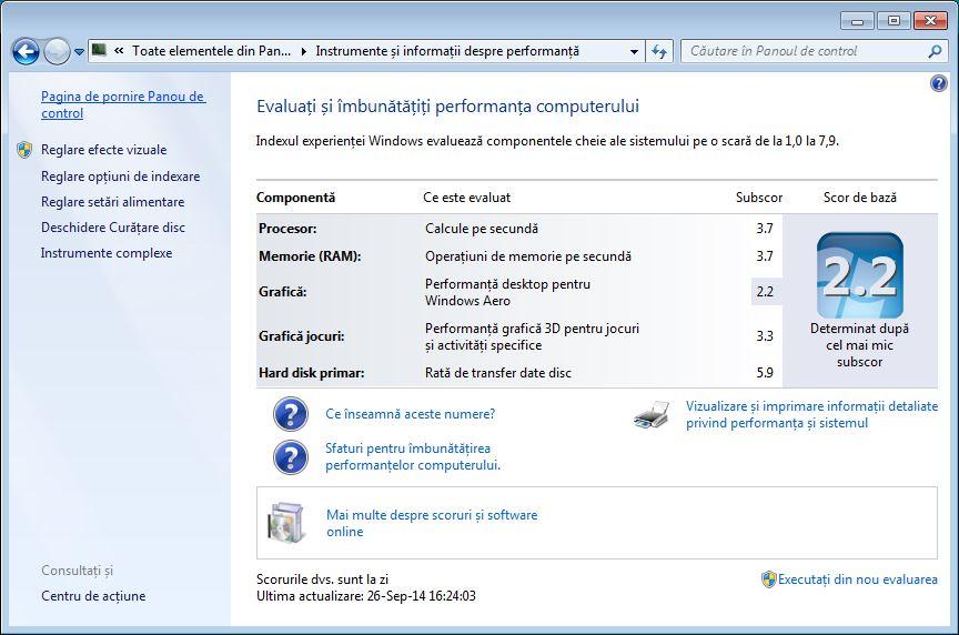 Verificarea cerințelor de sistem Indexul Experienței Windows prezintă rezultatele evaluării componentelor esențiale ale computerului pe o