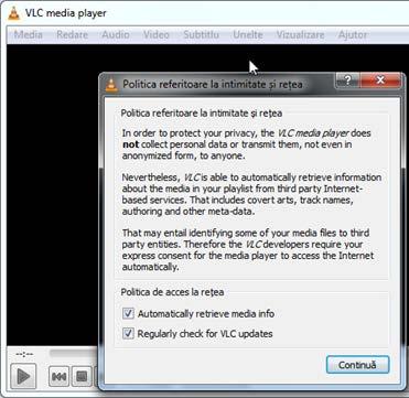 Exercițiu 6-5 11. De pe desktop, lansați în execuție VLC media player. 12. Vă sugerăm să lăsaţi bifată opțiunea Automatically retrieve media info.