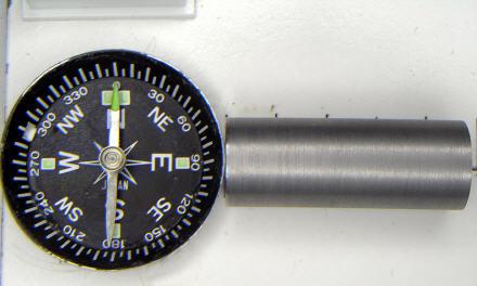 This photo shows the effect on the compass with the soft iron bar introduced into the core of the coil.