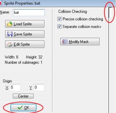 You are now back in the Sprite Editor window. Here you also need to click the green check sign to save the bat. Back in Sprite Properties window we can now see the saved version of the bat.