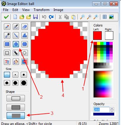 Many of the following steps will recreate parts of what you did with the bat sprite. In the Sprite Properties window name it ball and click the Edit Sprite button. Use Transform -> Resize Canvas.