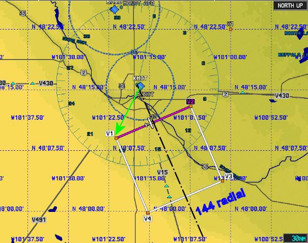 G1000 Screen Shot using MOT VOR 144 degree radial NOTE: The MOT 144 radial does bisect the V3 to V4 flight plan leg. This change translated the search area 6 degrees to the east.