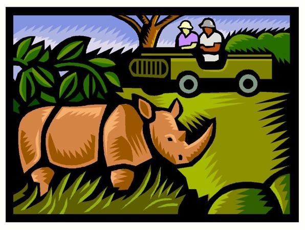 In a Jeep One day Zack went with Baxter in a jeep. As they came past some trees they could see a rhinoceros. They stopped the jeep and sat very still. The rhinoceros just looked back at them.