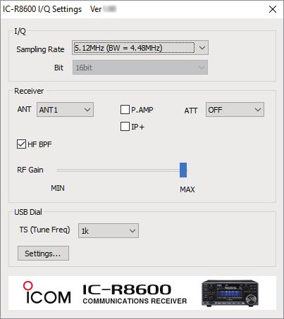 IC-R8600 I/Q Settings Screen NOTE: The Receiver settings are automatically set to the receiver when the HDSDR software connects to the receiver.