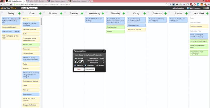 216 CHAPTER 37 My personal productivity plan Sample Kanban weekly schedule use to organize my week, but lately I ve been using Kanbanflow (http://simpleprogrammer.