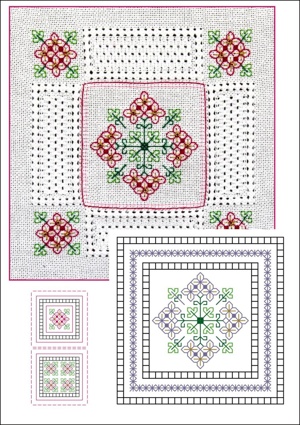 Rebekah introduces the reader to two pulled work stitches and traditional cross stitch, back stitch and eyelet stitch in two variations.