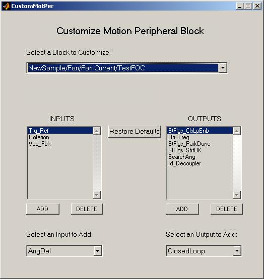 Figure 43 The CustomMotPer Utility Summary of the display: The pull-down list labeled Select a Block to Customize lets you choose any one of the customizable blocks in the design that s currently