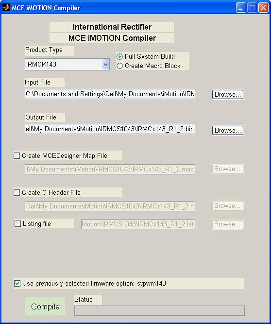 Figure 46 MCE Compiler Input Screen Step 1 To compile a complete system design, click the Full System Build radio button.