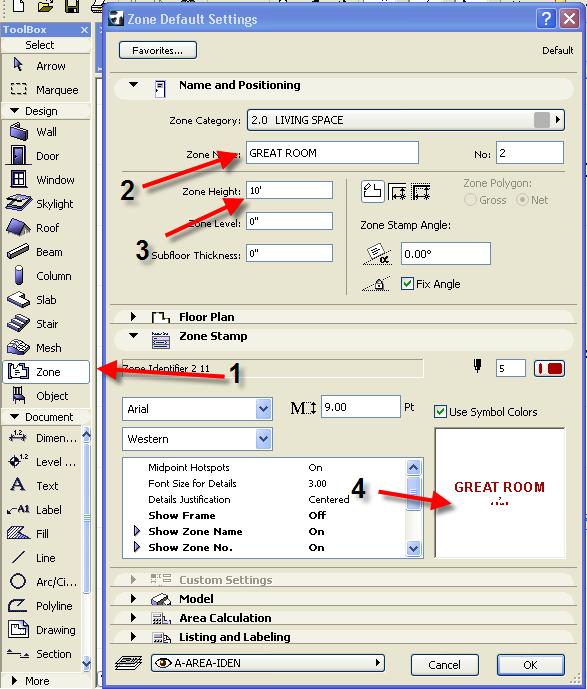 ArchiCAD Easy Start THE CABIN Start to Finish Chapter 9 ZONES The ZONE TOOL will be used to label room plus give you a lot more information. 1. Double click on ZONE from the tool box. 2.