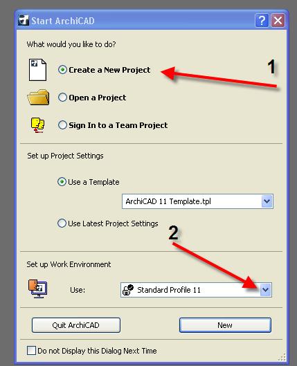 Click inside the Start ArchiCAD gray box. 1. Check Create a New Project. 2. Select Standard Profile 11 in the Set up Work environment.