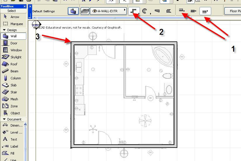 Double click on Wall from the TOOL BOX to open the Wall Default Settings. 1 Change the height to 3. 2. Change the width to 8 3. Under Structure change the cut fill to 25% fill. 4.