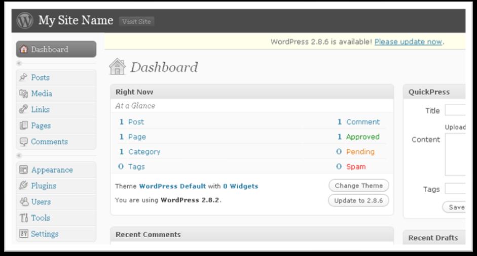You are next presented with your Dashboard, this is where you carry out changes to your blog as you wish