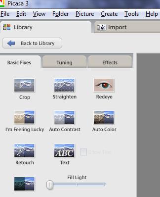 Editing Tabs 'Basic Fixes' tab: Make simple fixes. Removing red-eye Cropping photos One-click fixes for color and contrast.