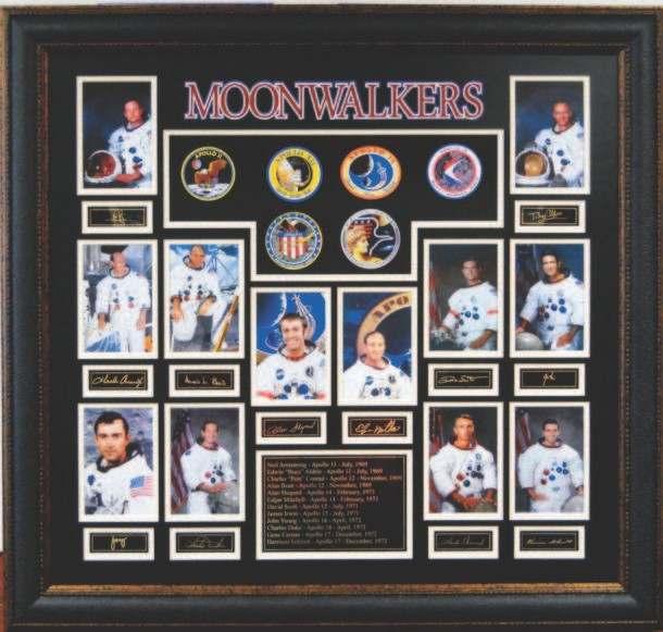 Item #406 Moonwalkers Collage -Photos of Every man to walk on the moon -Laser Engraved Plate Detailing each Moonwalk -Patches from each Apollo Mission to land on