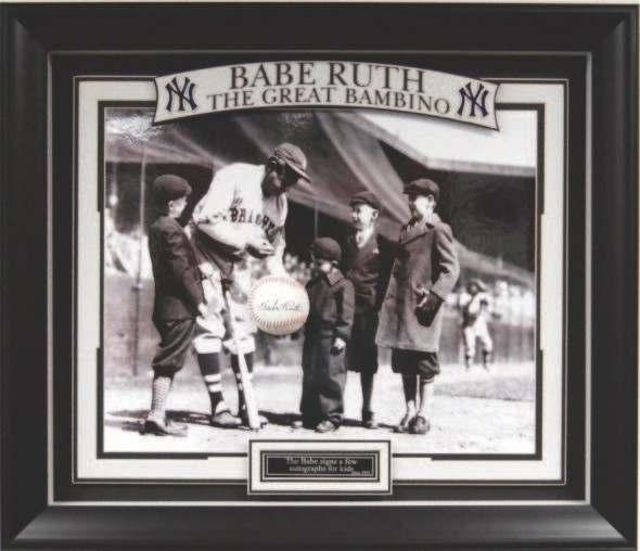 Item #112 Babe Ruth with kids with Replica Signed Baseball -Shadowboxed Baseball with Replica Laser Engraved Babe Ruth