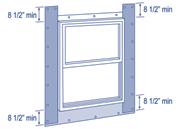 Extend the bottom edge of the jamb flashing approximately 1/2 short of the sill flashing edge, and extend the top edge approximately 8 1/2 beyond the head of the window, where the head flashing will