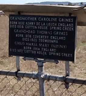 Inscription at Burial Site on Original Homesteads before Laurel View: GRANDMOTHER CAROLINE GRIMES BORN 1832 ASHBY DE LA LOUGH ENGLAND DIED COTON HOUSE