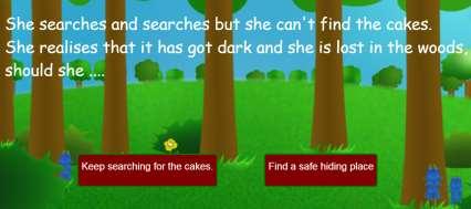 The text needs to be written in a way that leads to the player making a decision. For example, She searches and searches but she can t find the cakes.
