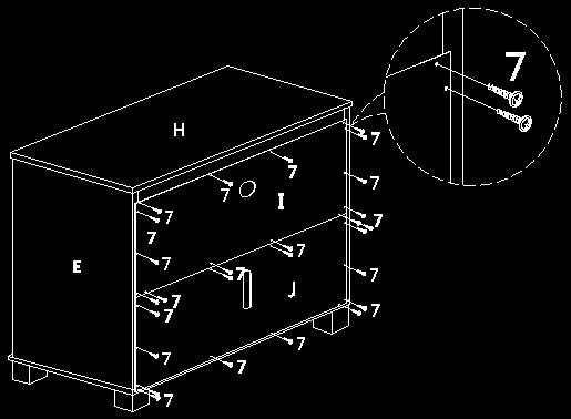 Step 1. Insert Upper Back Panel (I) and Lower Back Panel(J) into grooves of Side Panels(D,E), top Panel(H) and Bottom Panel(A) with Screw For Back (7)and tighten. Figure 6 (7) 3.
