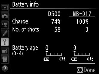 A The MB-D17 Multi-Power Battery Pack The display for the MB-D17 is shown at right. In the case of EN-EL18b/EN-EL18a/EN-EL18 batteries, the display shows whether calibration is required.