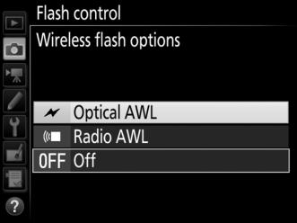 Wireless Flash Options Adjust settings for simultaneous wireless control of multiple remote flash units.