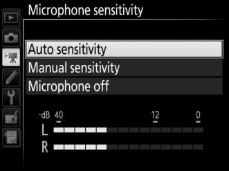 Microphone Sensitivity G button 1 movie shooting menu Turn the built-in or external microphones (0 204) on or off or adjust microphone sensitivity.