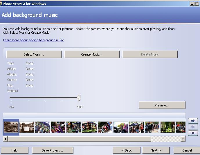 Photo Story 3. To create music in Photo Story 3: Select a style, band and mood. Click Play to listen to your selection.