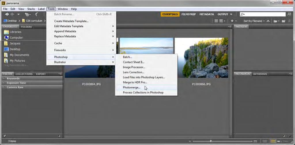 2. In the menu bar, select Tools > Photoshop > Photomerge (Figure 6). Photoshop starts and the Photomerge dialog box appears, listing the images you selected in Adobe Bridge.