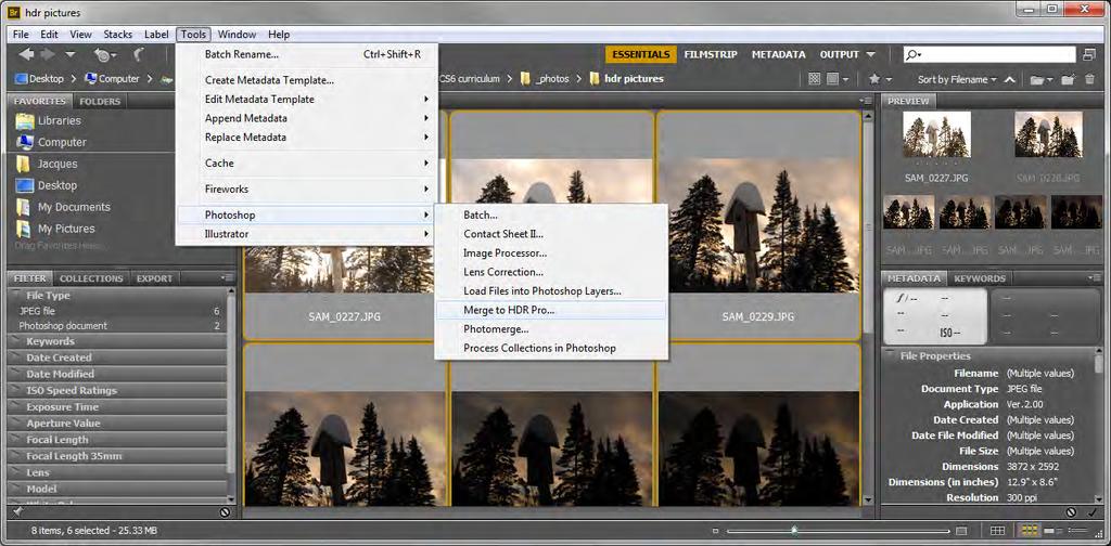 Photoshop processes the images. If you chose to save the merged image as an 8-bit or 16- bit image, the HDR Conversion dialog box opens.