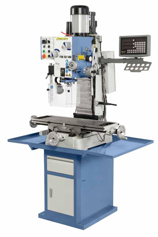 Drilling & milling machines Drilling and milling machine with spindle feed FM 50 VM Lifting motor allows convenient height adjustment of mill head Automatic spindle feed and thread cutting device