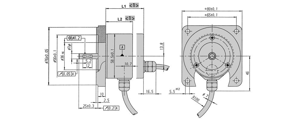 flange, 58 mm Clamping flange, 58 mm radial L2 mm cable R (with U B = DC 5 V), T, K, I 5.5 4.5 R (with U B = DC 0-30 V) 56 56 connector R (with U B = DC 5 V), T, K, I 57.5 5.