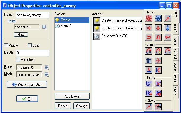 2.3.1. Number of Steps: 200 2.3.2. In alarm no: Alarm 0 3. Add an Alarm event for Alarm 0 3.1. Create instance 3.1.1. Object: Obj_enemy1 3.