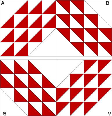 Step #9 - Making 16 ½ blocks. Lap (4) blocks Twin (6) blocks Full (12) blocks Queen (16) block Gather (2) of Block A and (2) of Block B. Lay out blocks according to diagram.