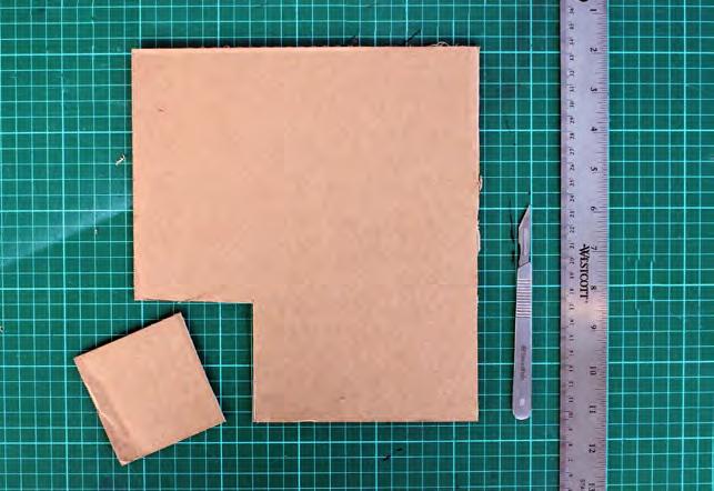 Cutting mats Craft knives Corrugated cardboard Use a craft knife to cut a 3 x 3 inch square along the edge of a sheet of