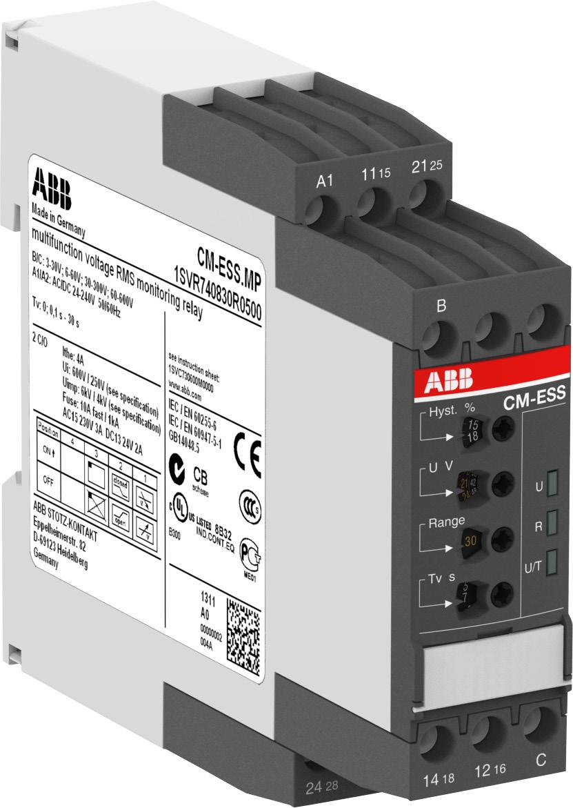Functions Operating controls 1 Adjustment of the hysteresis 2 Adjustment of the threshold value 3 Indication of operational states U/T: LED green control supply voltage 1 2 R: LED yellow relay status