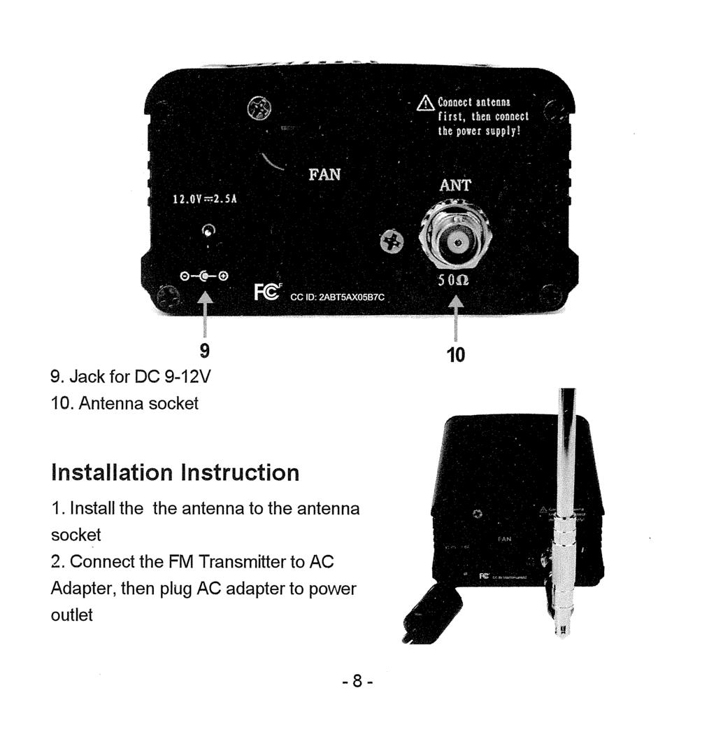 9 9. Jack for DC 9-12V 10. Antenna socket 10 Installation Instruction 1.