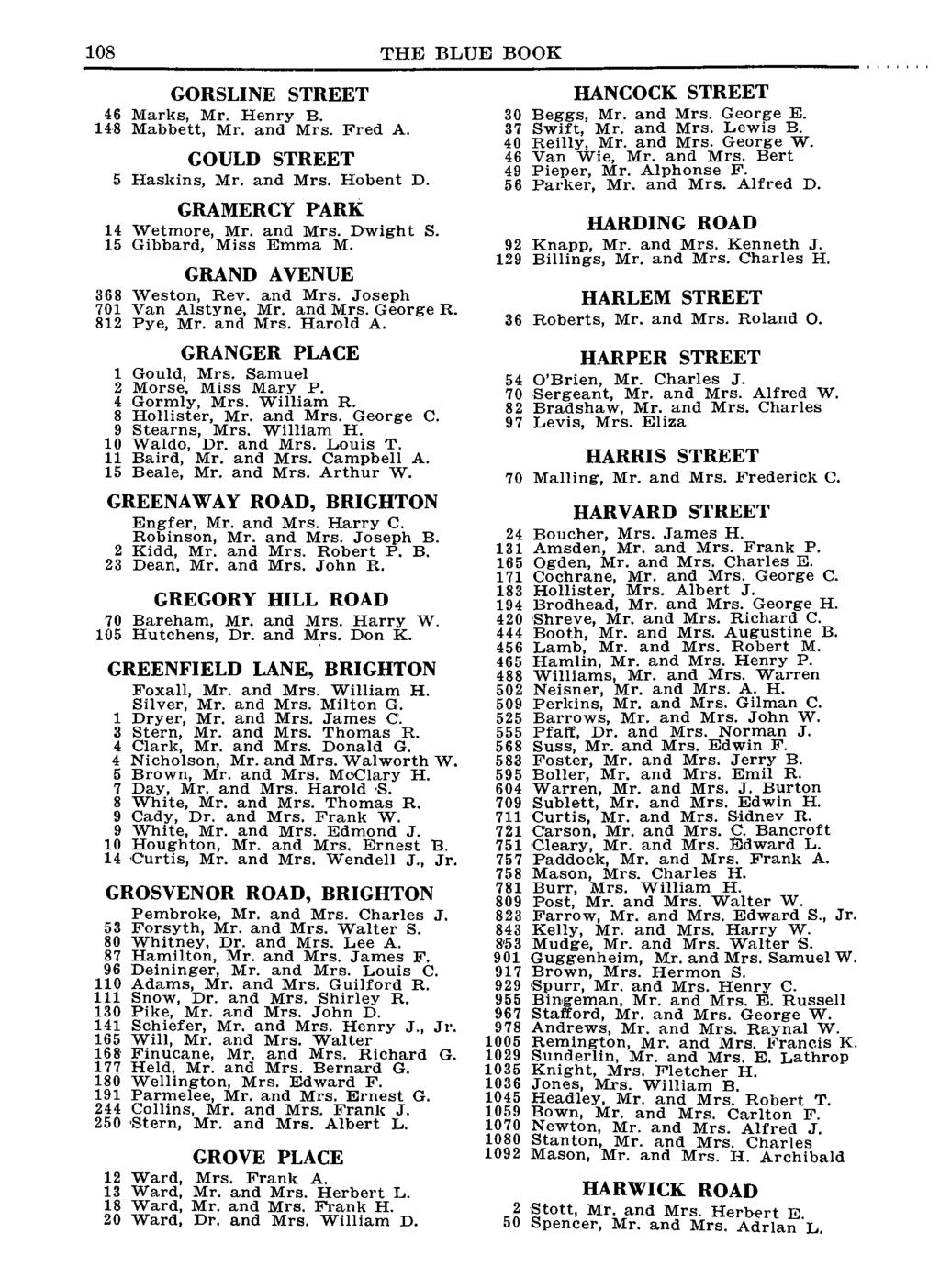 108 THE BLUE BOOK GORSLINE STREET 46 Marks, Mr. Henry B. 148 Mabbett, Mr. and Mrs. Fred A. GOULD STREET 5 Haskins, Mr. and Mrs. Hobent D. GRAMERCY PARK 14 Wetrnore, Mr. and Mrs. Dwight S.