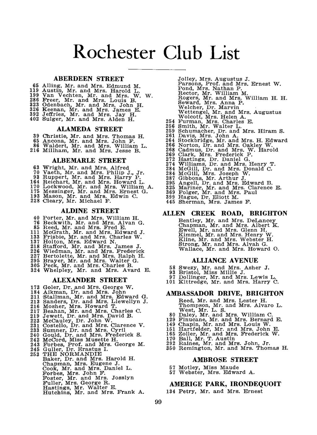 Rochester Club List ABERDEEN STREET 65 Ailing, Mr. and Mrs. Edmund M. 119 Austin, Mr. and Mrs. Harold L. 199 Van Vechten, Mr. and Mrs. W. W. 286 Freer, Mr. and Mrs. Louis B. 323 Odenbach, Mr. and Mrs. John H.