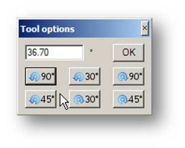 To rotate a selected object use the rotation tools located in the toolbar. The Tool options dialog will appear allowing you to either click on the desired rotation or to enter it numerically.