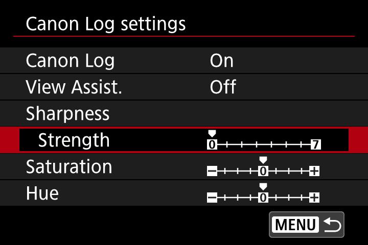 7 Adjust the Canon Log movie characteristics. Adjust as necessary. Turn the <5> dial to select a parameter ([Sharpness: Strength], [Saturation], [Hue]), then press <0>.