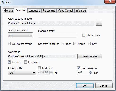 Figure 11. Options dialogue box, Save file tab.