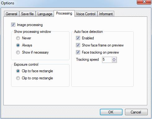 Figure 12. Options dialogue box, Processing tab. Check Image Processing to enable image processing after capture.