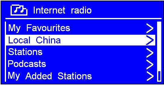 Note: Or, you may also press Mode repeatedly until Internet radio shows up, then stop pressing to enter. or 2. While cursor point to < Station list >, press SELECT to confirm.