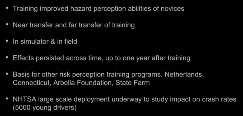 Hazard Perception - Training Training improved hazard perception abilities of novices Near transfer and far transfer of training In simulator & in field Effects persisted across time, up to one year