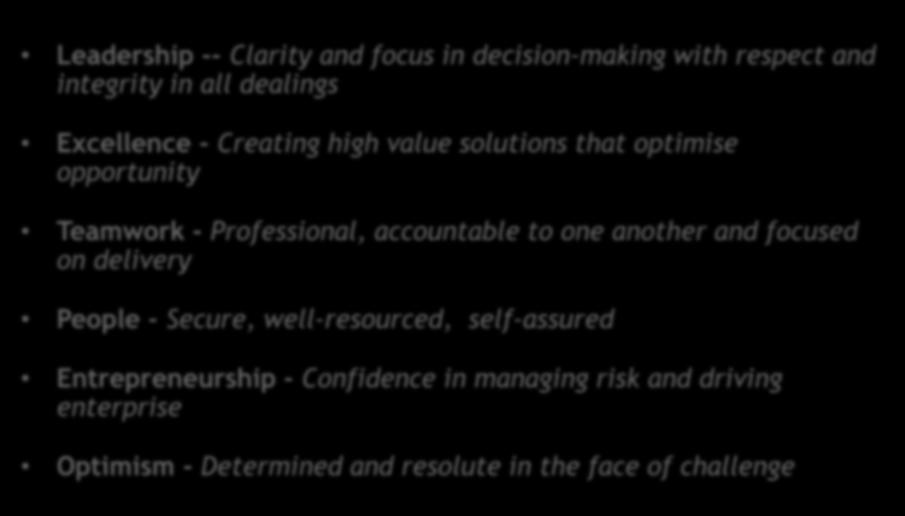 Our values and culture Leadership -- Clarity and focus in decision-making with respect and integrity in all dealings Excellence - Creating high value solutions that optimise opportunity Teamwork -