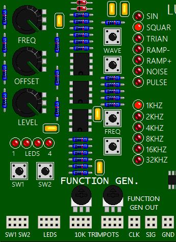 Figure 5: The function generator part of the Bakerboard Analog Trainer. Project Switches, LEDs, and 10 KΩ Trimpots Two momentary push-button switches are provided for convenience.