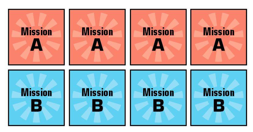 Mission Tokens (2 sets of 4) Each mission card on the track uses a set of matching tokens (red or blue), to mark where objectives such as items and characters appear on the 1984 board.