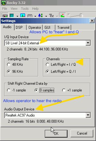The example below shows the author's settings. It selects the Soundblaster Live 24 bit USB external soundcard for the IQ heavy lifting and the on-board soundcard for the audible results.